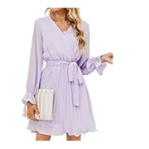Wedding Guest Dress Long Puff Sleeve V Neck Pleated Ruffle Belted Mini Dress